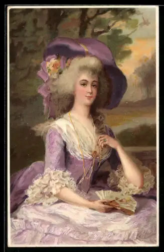 AK Barocke Dame in gerüschtem Kleid mit Perücke, Hut und Fächer, Jugendstil