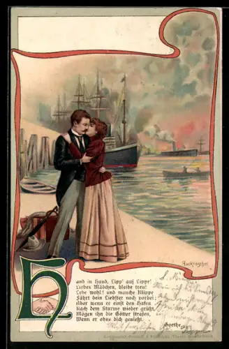 Lithographie Liebespaar küsst sich im Hafen, Schiff