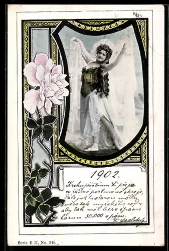 AK Junge Dame beim Schleiertanz, Rose, Ornament-Rahmen, Jugendstil
