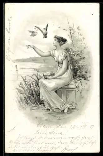 Lithographie Junge Dame füttert Tauben an einem Gewässer, Jugendstil