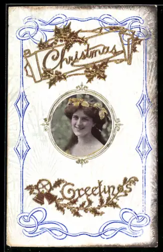 AK Junges Mädchen mit Lorbeerkranz, Ornament-Rahmen, Stechpalme, Glöckchen, Weihnachtsgruss, Jugendstil