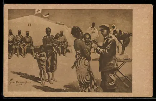 Künstler-AK sign. Grotemeyer: Kolonial-Krieger-Spende, Jung-Afrika wird geimpft