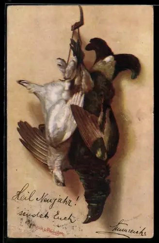AK Black cock & Parmigan, Jagdstillleben mit Birkhahn und Schneehuhn