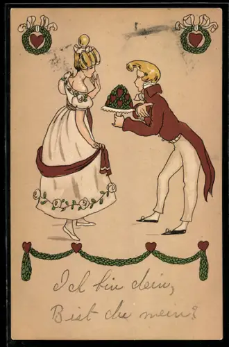 AK Eleganter Herr überreicht einer hübschen Dame einen Blumenstrauss, Biedermeier