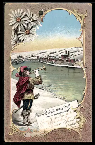 Lithographie Behüt Dich Gott!, Trompeter von Säckingen am winterlichen Flussufer