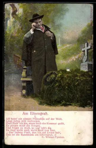 AK Trauernder Mann am Elterngrab