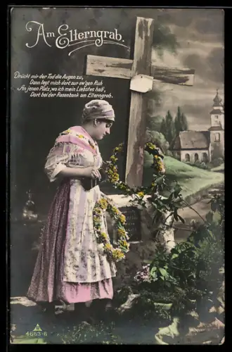 AK Trauernde Frau legt Kränze am Elterngrab nieder