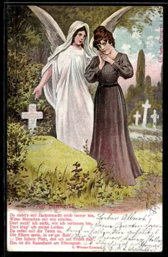 AK Trauernde Frau mit Engel am Elterngrab