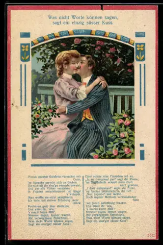 AK Elegantes Paar beim Kuss auf einer Bank, Biedermeier