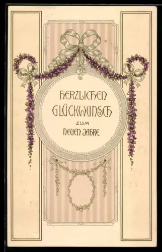 AK Neujahrsgruss mit Blumengirlande geschmückt, Biedermeier