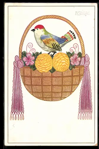Künstler-AK sign. N. Spiegel: Vogel sitzt in einem Korb mit Blumen, Biedermeier
