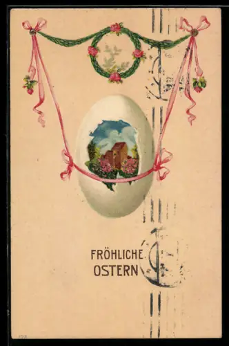 AK Ortspartie in einem Osterei, Biedermeier