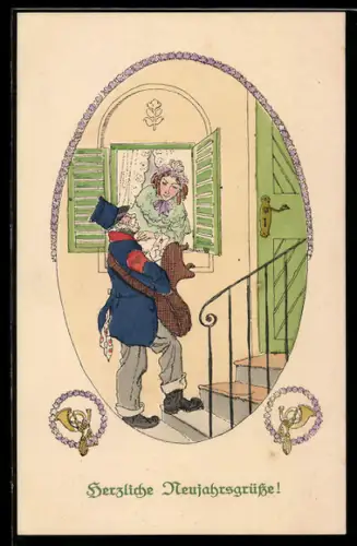 AK Neujahr, Postbote übergibt einen Brief an eine junge Frau am Fenster