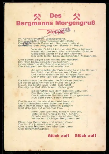 AK Gedicht Des Bergmanns Morgengruss mit gekreuzten Hämmern