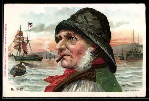 Lithographie Bärtiger Fischer mit Zigarette steht am Wasser