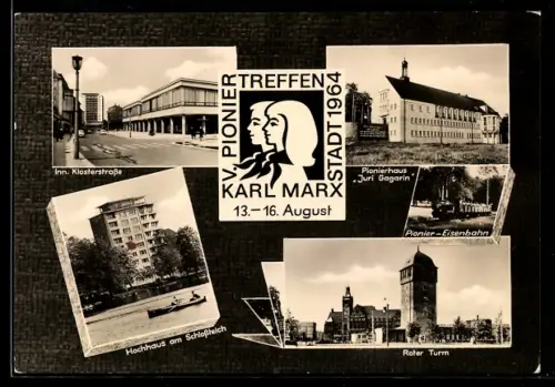 AK Karl-Marx-Stadt, Pioniertreffen 1964, Partie in der Klosterstrasse, Pionierhaus Juri Gagarin, Roter Turm