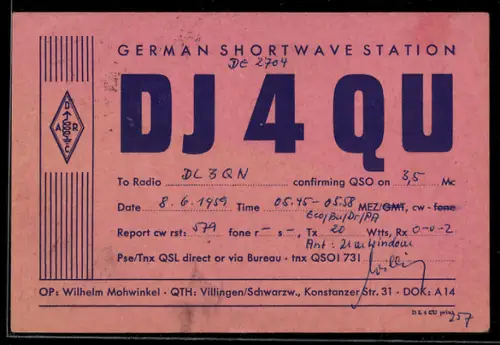 AK Villingen /Schwarzw., Radio DJ4QU, Wilhelm Mohwinkel