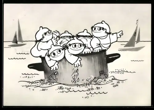 AK Mainzelmännchen auf Wasserfahrt in einem Topf