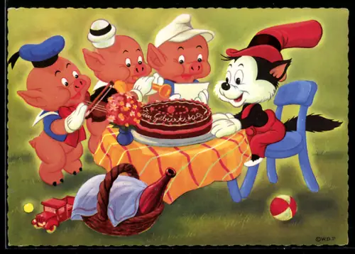 AK Drei kleine Schweinchen spielen zum Geburtstag auf