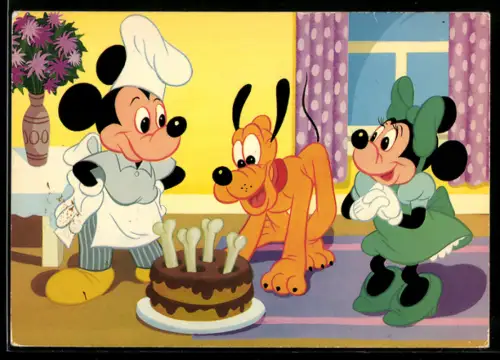 AK Pluto hat Geburtstag, Minnie, Micky, Torte mit Knochen