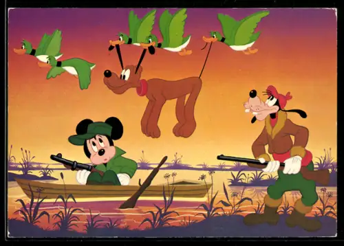 AK Entenjagd, Micky u. Goofy als Jäger, Enten halten Pluto in der Luft