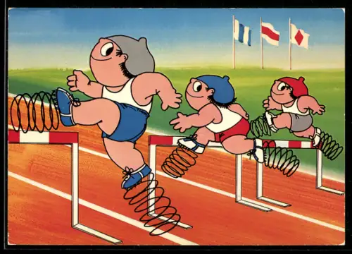 AK Mainzelmännchen beim Hürdenlauf mit Sprungfedern