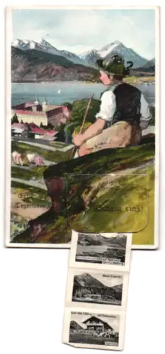 Leporello-AK Tegernsee, Totalansicht mit Hirschberg und Kampen