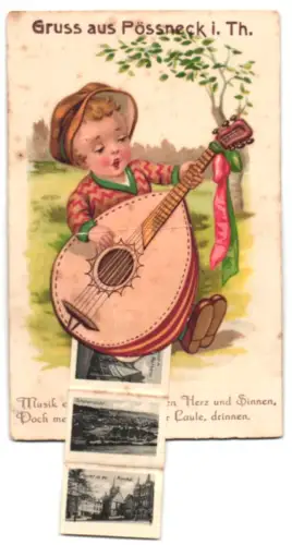 Leporello-AK Pössneck i. Th., Oberer Bahnhof, Gesamtansicht und Weisser Turm