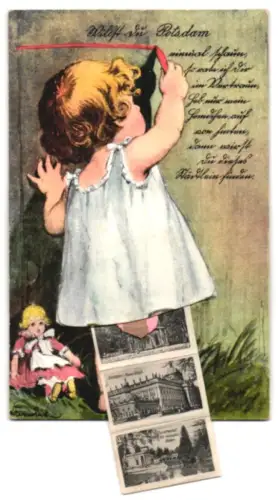 Leporello-AK Potsdam, Durchblick auf Schloss Sanssouci, Historische Mühle und Neues Palais