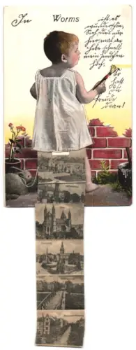 Leporello-AK Worms, Gesamtansicht, Lutherkirche und Lutherdenkmal