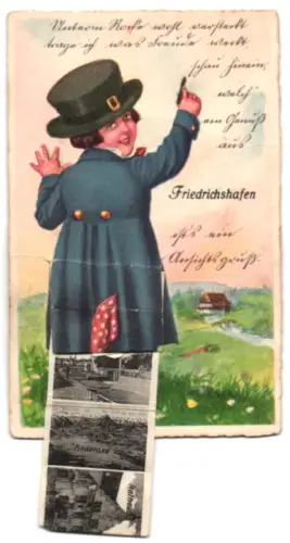 Leporello-AK Friedrichshafen, Gesamtansicht, Hafen und Schloss