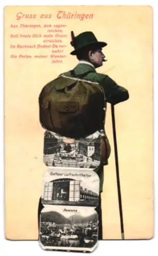 Leporello-AK Gotha /Thüringen, Panorama, Luftschiffhafen und Hauptmarkt