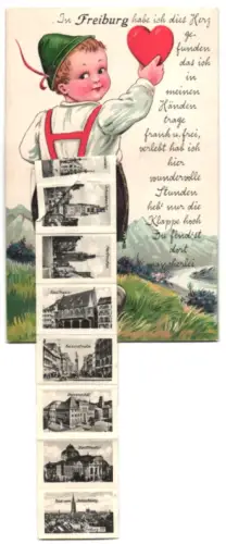 Leporello-AK Freiburg, Stadttheater, Kaiserstrasse und Martinstor