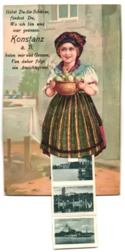 Leporello-AK Konstanz a. B., Inselhotel, Münster, Rheinbrücke, Partie am Hafen