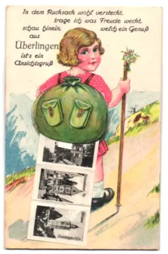 Leporello-AK Überlingen, Franziskanerkloster, Sparkasse, Münster, Schloss Burgberg