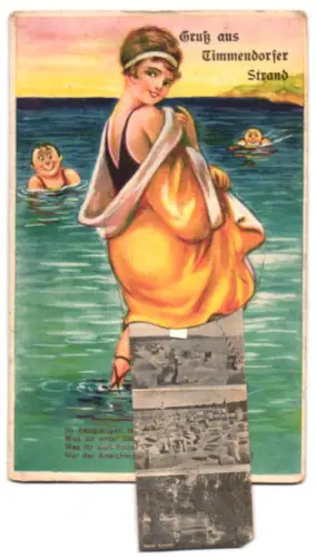 Leporello-AK Timmendorfer Strand, Musikpavillon mit Landungsbrücke, Neuer Kurpark, Strandansicht mit flagge