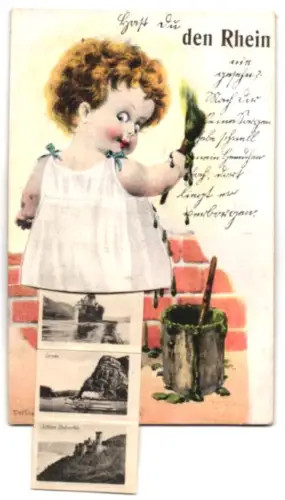 Leporello-AK Bingen a. Rh., Hindenburgbrücke, Nationaldenkmal auf dem Niederwald, Mäuseturm und Ruine Ehrenfels