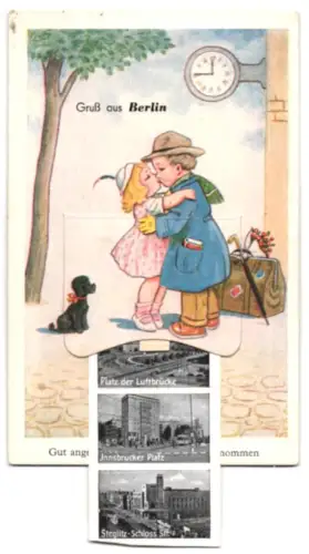 Leporello-AK Berlin, Kurfürstendamm m. Gedächtniskirche, Funkturm m. Messehallen, Platz der Luftbrücke