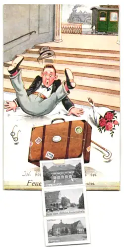 Leporello-AK Feuerbach, Realschule,  Strasse, Bahnhof, Rathaus, Föhrich-Siedlung