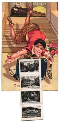 Leporello-AK Heidelberg, Totalansicht, Alte Brücke mit Schloss, Liselotteplatz