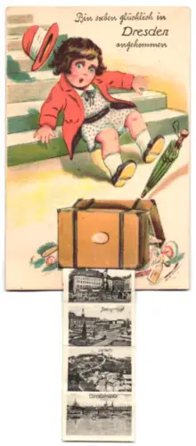 Leporello-AK Dresden, Roter Garten, Postplatz und Neues Rathaus