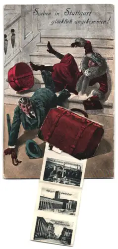 Leporello-AK Stuttgart, Rathaus, Hauptbahnhof und Landestheater