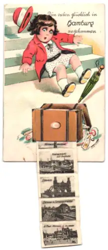 Leporello-AK Hamburg, Alsterschwäne, Bismarckdenkmal und Chile Haus