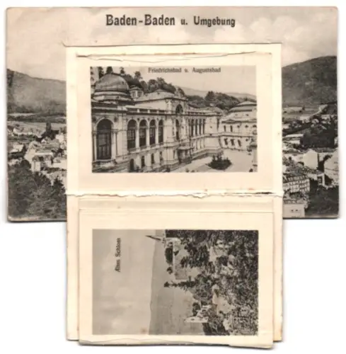Leporello-AK Baden-Baden, Conversationshaus, Leopoldsplatz, Bahnhof, Trinkhalle, Griechische Kapelle