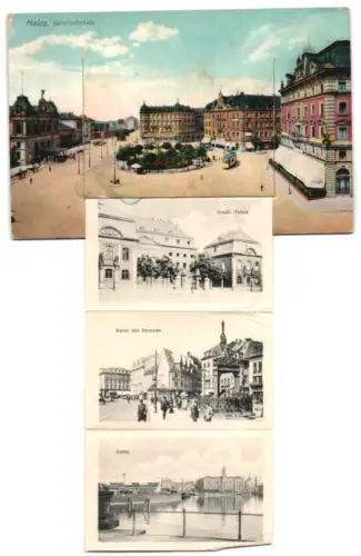 Leporello-AK Mainz, Bahnhofsplatz mit Strassenbahn, Bahnhof, Kaiser Wilhelm Brücke, Grossh. Palais, Hafen