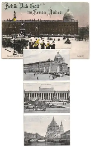 Leporello-AK Berlin, Musik im Lustgarten, Brandenburger Tor, Pariser Platz, Unter den Linden, Der Dom von Norden