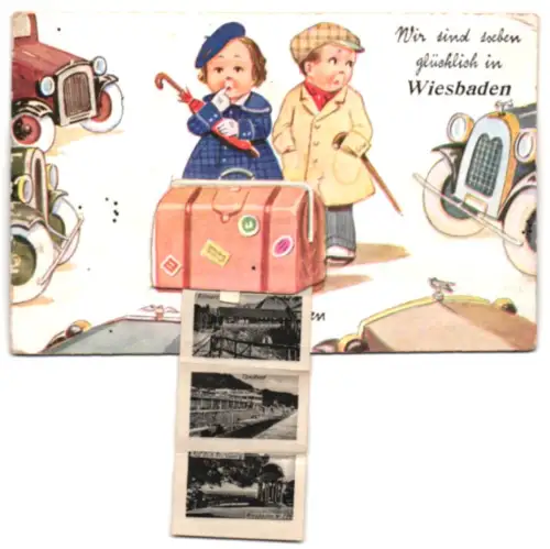 Leporello-AK Wiesbaden, Wilhelmstrasse, Staatstheater, Kochbrunnen, Opelbad