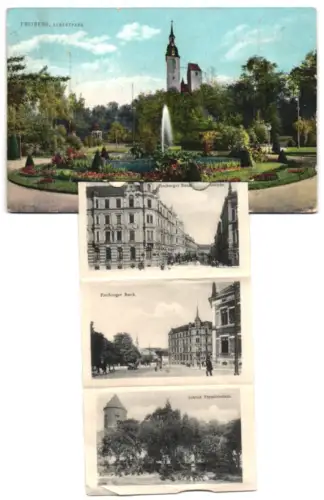 Leporello-AK Freiberg, Albertpark mit Springbrunnen, Bismarckdenkmal, Postgebäude, Freiberger Bank, Dom