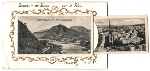 Leporello-AK Bonn /Rhein, Rolandseck und Drachenfels, Rheinbrücke, Universität