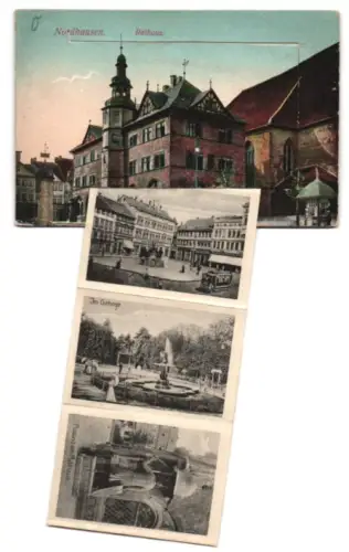 Leporello-AK Nordhausen, Rathaus, Volksschule, Kornmarkt mit Strassenbahn, Kyffhäuser, Volksschule